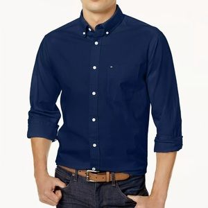 - TOMMY HILFIGER Navy Premium Linen Mens Button Down